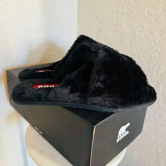 Sorel Go Mail Run Faux Fur Cotton Slippers, Cozy House Shoes , Black, Size 8, NW