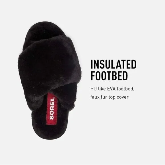 Sorel Go Mail Run Faux Fur Cotton Slippers, Cozy House Shoes , Black, Size 8, NW