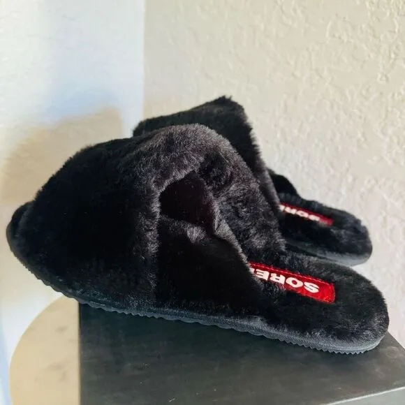 Sorel Go Mail Run Faux Fur Cotton Slippers, Cozy House Shoes , Black, Size 8, NW