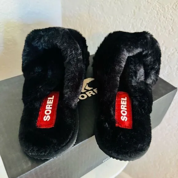 Sorel Go Mail Run Faux Fur Cotton Slippers, Cozy House Shoes , Black, Size 8, NW