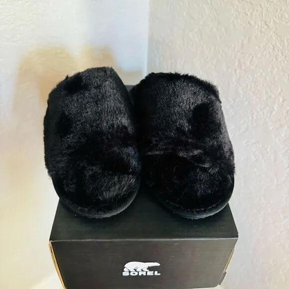 Sorel Go Mail Run Faux Fur Cotton Slippers, Cozy House Shoes , Black, Size 8, NW