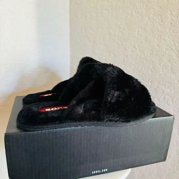 Sorel Go Mail Run Faux Fur Cotton Slippers, Cozy House Shoes , Black, Size 8, NW