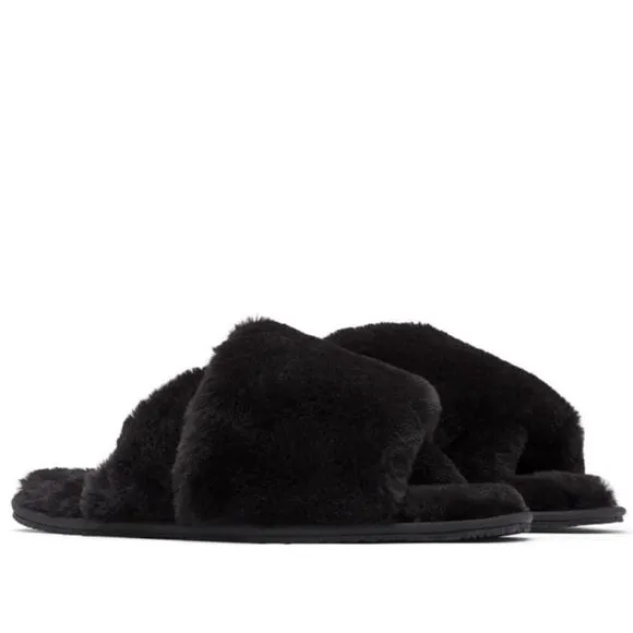 Sorel Go Mail Run Faux Fur Cotton Slippers, Cozy House Shoes , Black, Size 8, NW