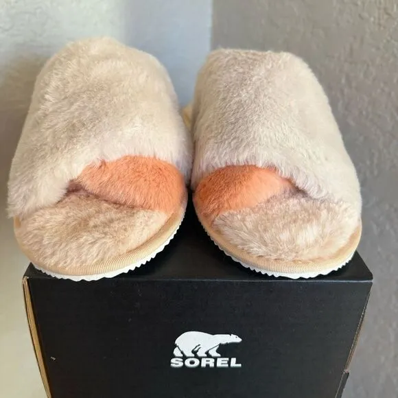 Sorel Go Mail Run Faux Fur Cotton Slippers, Cozy House Shoes , Cream, Size 9, NW