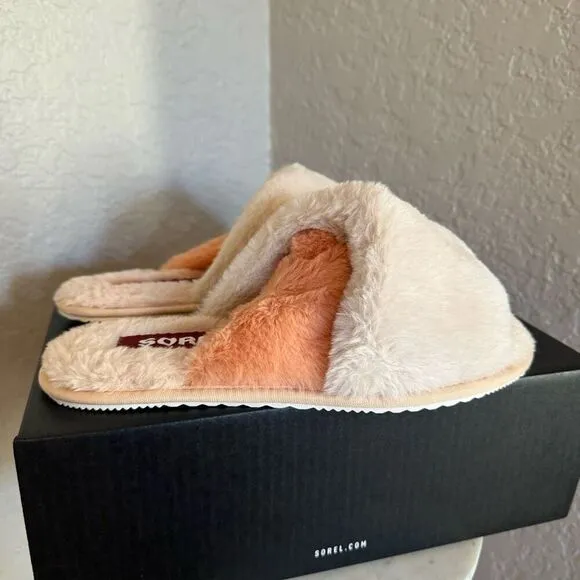 Sorel Go Mail Run Faux Fur Cotton Slippers, Cozy House Shoes , Cream, Size 9, NW