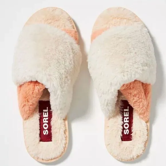Sorel Go Mail Run Faux Fur Cotton Slippers, Cozy House Shoes , Cream, Size 9, NW