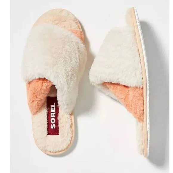 Sorel Go Mail Run Faux Fur Cotton Slippers, Cozy House Shoes , Cream, Size 9, NW