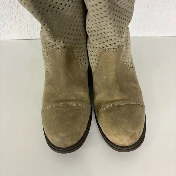 Sorel Taupe Leather Perforated Mid Calf Boots Women's Size 8.5