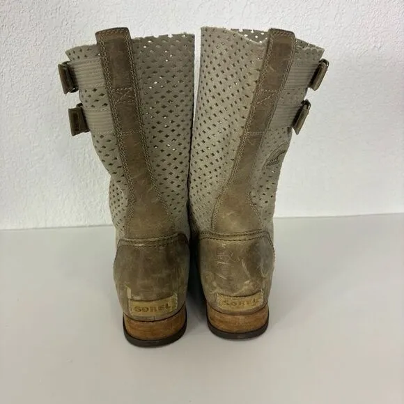 Sorel Taupe Leather Perforated Mid Calf Boots Women's Size 8.5