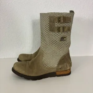 Sorel Taupe Leather Perforated Mid Calf Boots Women's Size 8.5