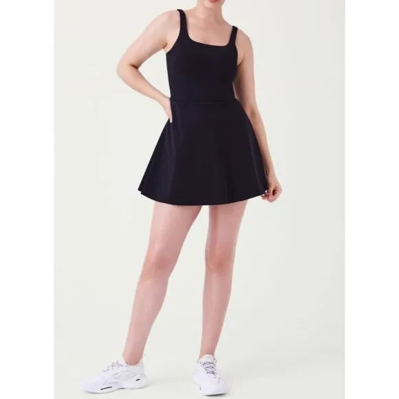 Spanx Get Moving Easy Access Square Neck Dress Black Skort Skater Fit And Flare