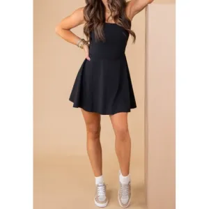 Spanx Get Moving Easy Access Square Neck Dress Black Skort Skater Fit And Flare