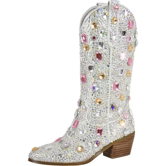 Sparkly Rhinestones Gem Silver Faux Leather High Calf Heeled Boots For Women