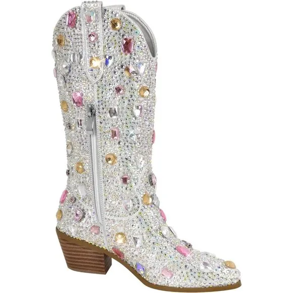 Sparkly Rhinestones Gem Silver Faux Leather High Calf Heeled Boots For Women