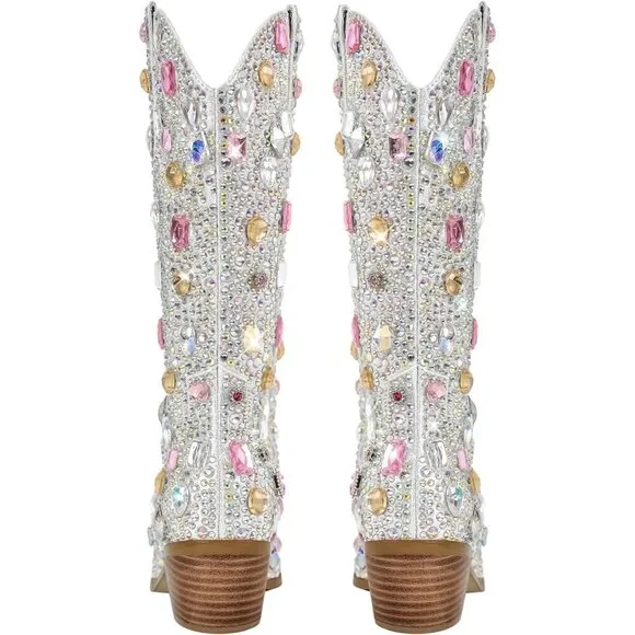Sparkly Rhinestones Gem Silver Faux Leather High Calf Heeled Boots For Women