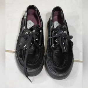 Sperry Top Sider black fur and patent leather deck shoes sneakers size 7