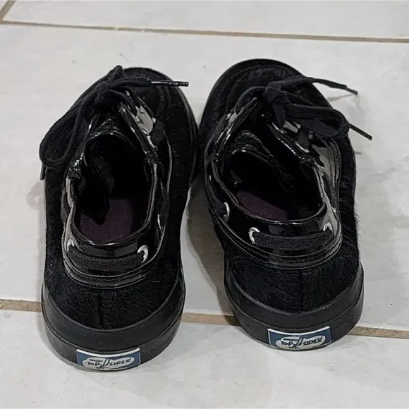 Sperry Top Sider black fur and patent leather deck shoes sneakers size 7