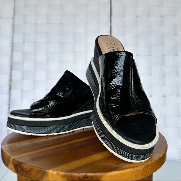 Spring Step L’Artiste Black Patent Leather Wedge Sandals Size 10