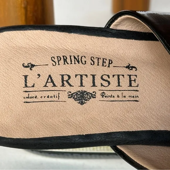 Spring Step L’Artiste Black Patent Leather Wedge Sandals Size 10