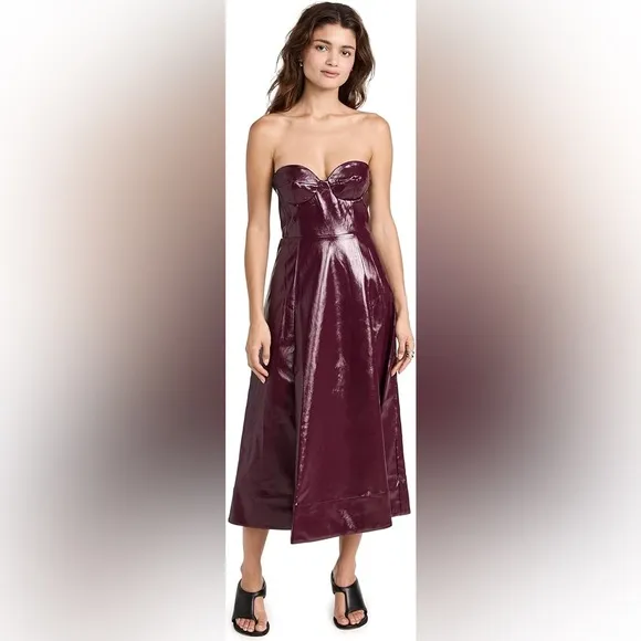 Staud Abstract Faux Leather Midi Dress In‎ Plum 4 NWT