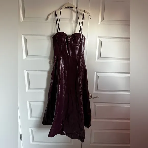 Staud Abstract Faux Leather Midi Dress In‎ Plum 4 NWT