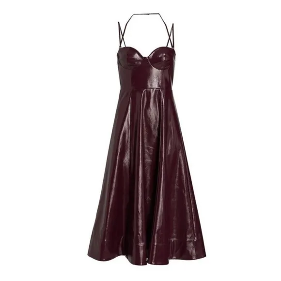 Staud Abstract Faux Leather Midi Dress In‎ Plum 4 NWT