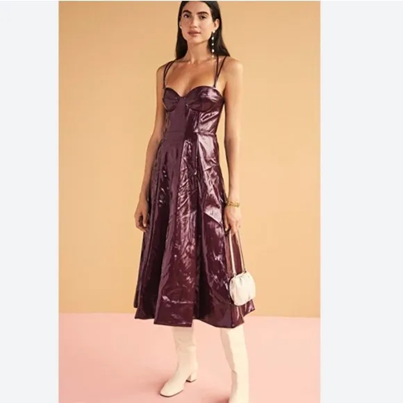 Staud Abstract Faux Leather Midi Dress In‎ Plum 4 NWT
