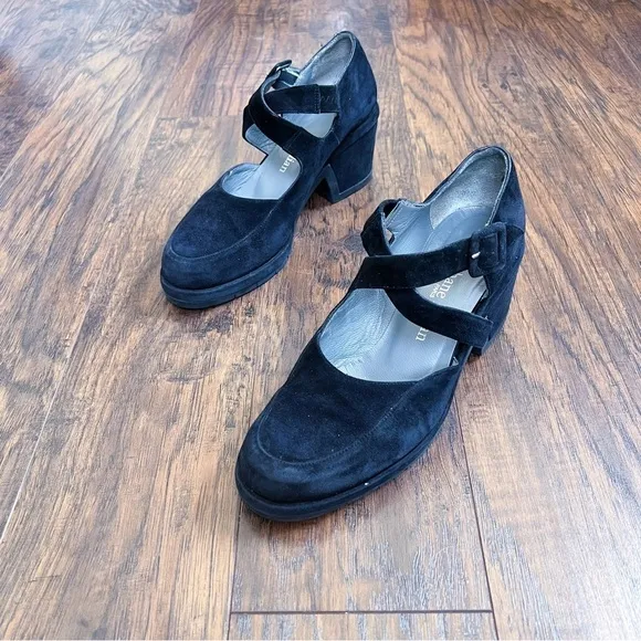 Stephane Kelian • black platform shoes criss cross strap mary jane chunky suede