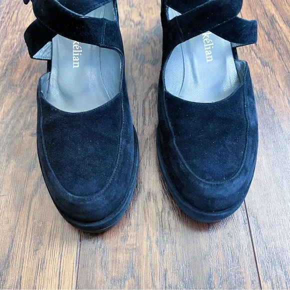 Stephane Kelian • black platform shoes criss cross strap mary jane chunky suede
