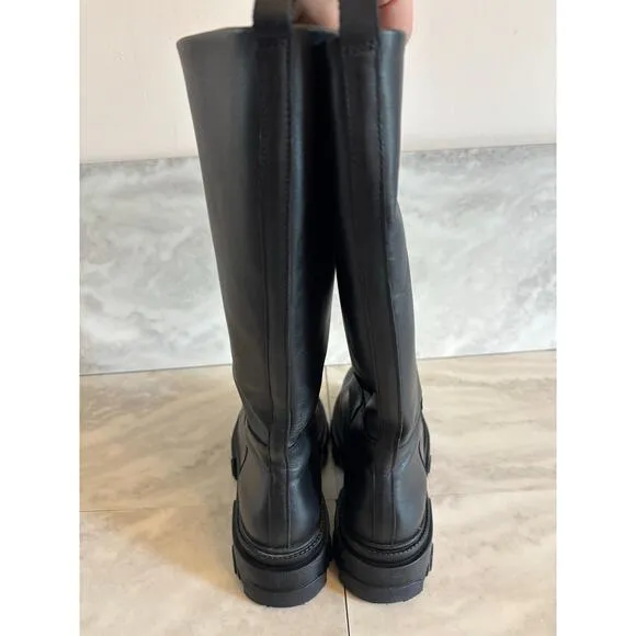 Steve Madden Priority Black Leather Chunky Sole Pull On Boots Size 8.5 Round Toe