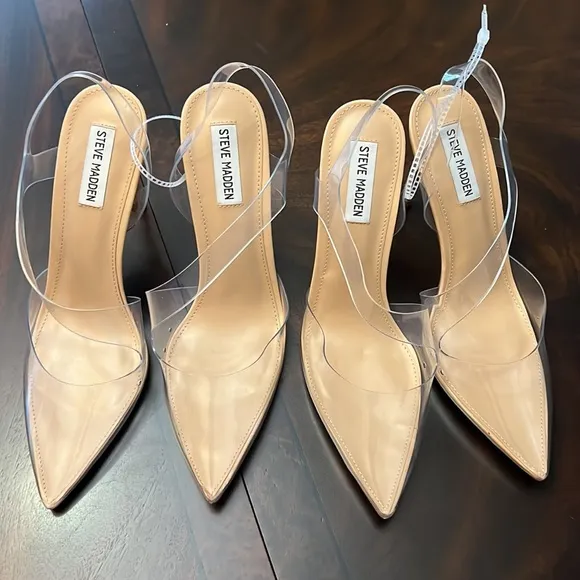 Steve Madden Vienne Tan Vinyl Slingback Pointed Toe Pumps.