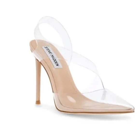 Steve Madden Vienne Tan Vinyl Slingback Pointed Toe Pumps.
