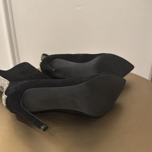 Steve Madden Wagu Black Suede‎ with Rhinestone Mid Calf Stiletto Booties