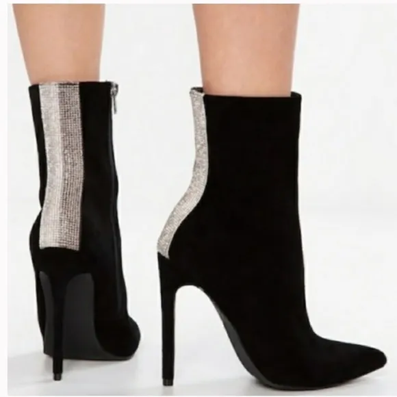 Steve Madden Wagu Black Suede‎ with Rhinestone Mid Calf Stiletto Booties