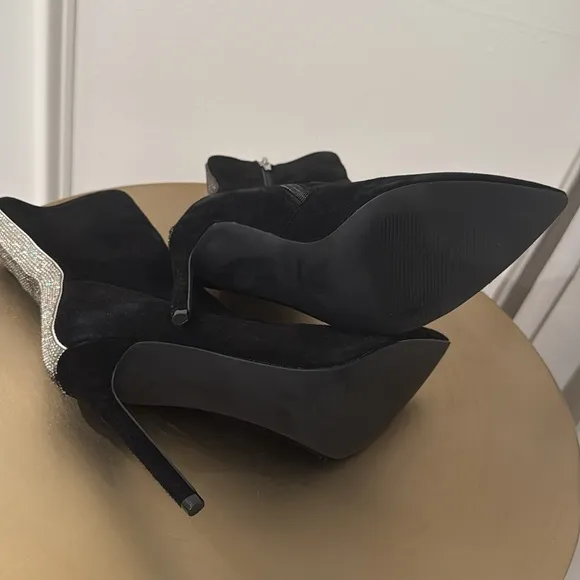 Steve Madden Wagu Black Suede‎ with Rhinestone Mid Calf Stiletto Booties