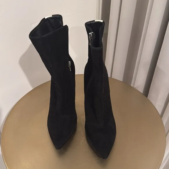 Steve Madden Wagu Black Suede‎ with Rhinestone Mid Calf Stiletto Booties