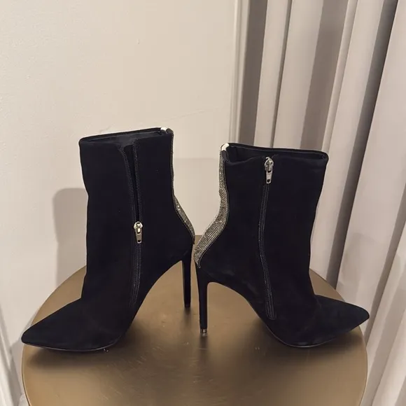 Steve Madden Wagu Black Suede‎ with Rhinestone Mid Calf Stiletto Booties