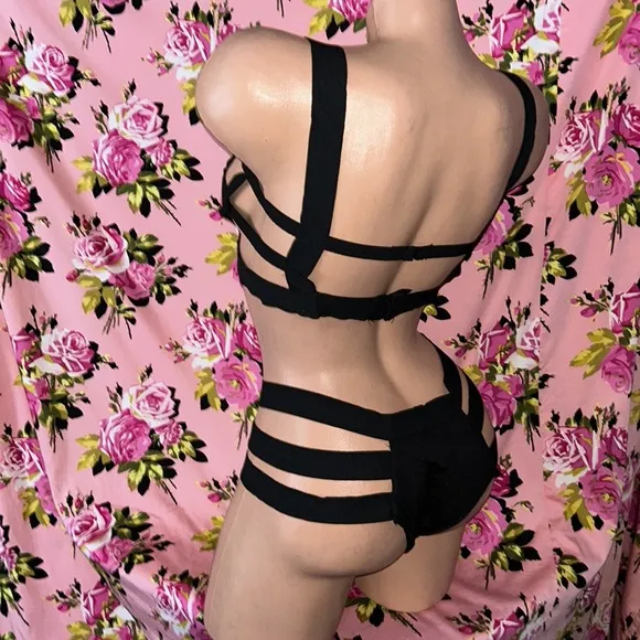 Strappy caged bodysuit bra panty set bandage 2 pc