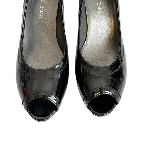 Stuart Weitzman Black Perforated Peep Toe Patent Leather Heel Pumps Size 10.5