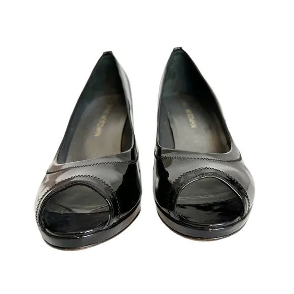 Stuart Weitzman Black Perforated Peep Toe Patent Leather Heel Pumps Size 10.5