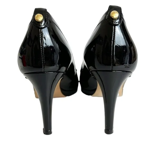 Stuart Weitzman Black Perforated Peep Toe Patent Leather Heel Pumps Size 10.5