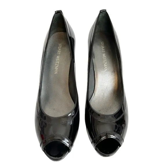Stuart Weitzman Black Perforated Peep Toe Patent Leather Heel Pumps Size 10.5