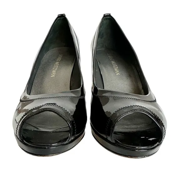 Stuart Weitzman Black Perforated Peep Toe Patent Leather Heel Pumps Size 10.5