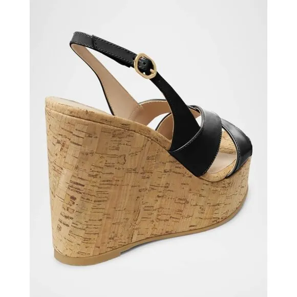 STUART WEITZMAN Carmen Black Patent Leather Wedge Sandals Size 5 NEW without box