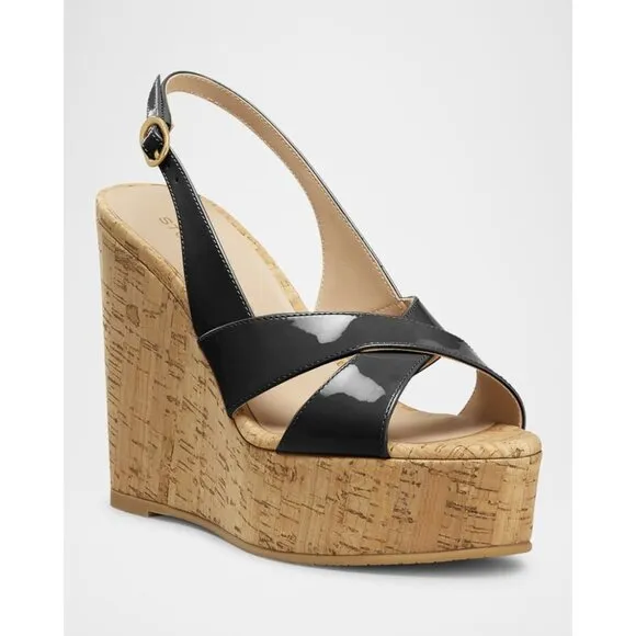 STUART WEITZMAN Carmen Black Patent Leather Wedge Sandals Size 5 NEW without box