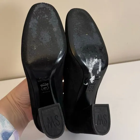 Stuart Weitzman Marymid Pump Shoes Women 6 Black Suede Slip On Modern Block Heel