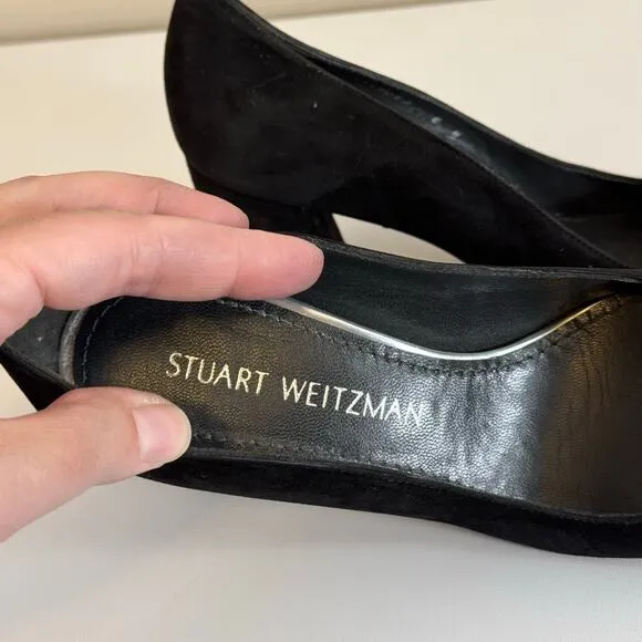 Stuart Weitzman Marymid Pump Shoes Women 6 Black Suede Slip On Modern Block Heel