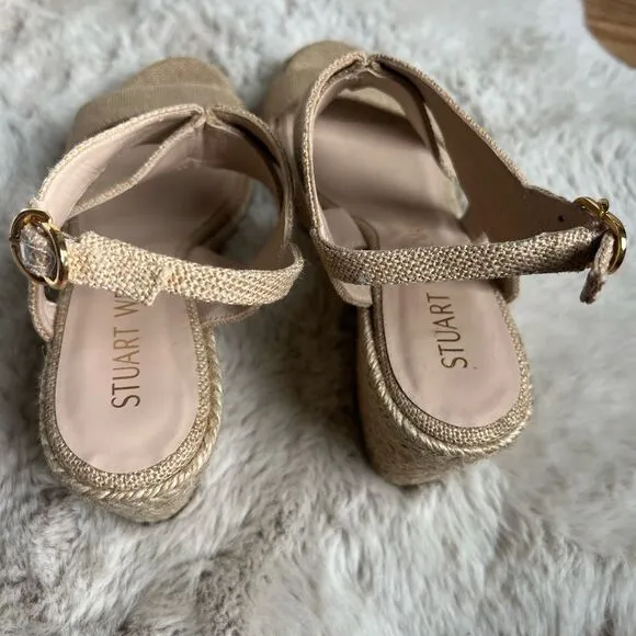 Stuart Weitzman Metallic Canvas Espradille Wedge Sandals, size 8.5
