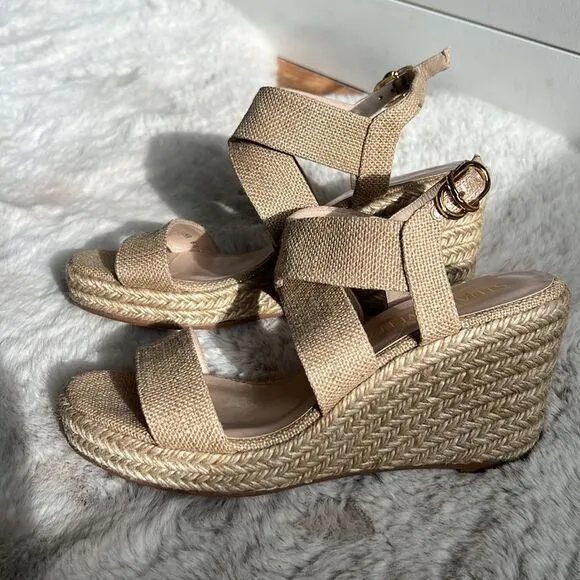 Stuart Weitzman Metallic Canvas Espradille Wedge Sandals, size 8.5