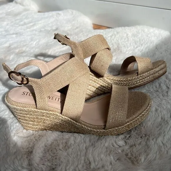 Stuart Weitzman Metallic Canvas Espradille Wedge Sandals, size 8.5